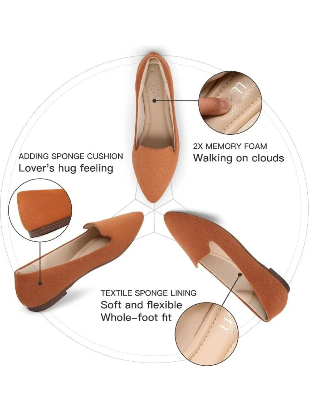 Women's Tan Suede Comfortable Pointed Toe Memory Foam Casual Slip On Flat Shoes